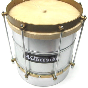 Cuica metal friction drum with a skin head. Artcelsior brand with galvanized shell. Hardware is brassy color.
