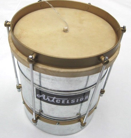 Cuica metal friction drum with a skin head. Artcelsior brand with galvanized shell. Hardware is brassy color.