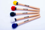 Third surdo mallets, terceira mallets in multiple colors. Wooden handles and fuzzy head mallets.