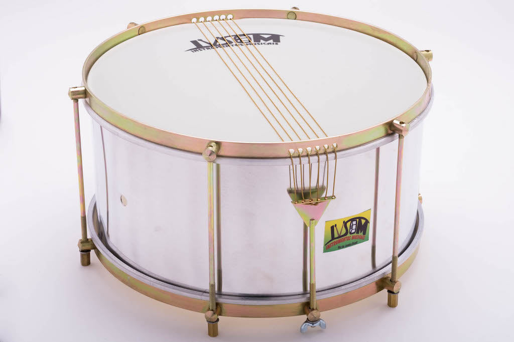 14" six string caixa drum with 6 strings and an aluminum shell. Shiny samba drum on a white background 