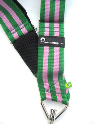 Manugeira samba school colors pink and green of the Macapart strap. Tiny rubber Brazilian Flag near the single hook.