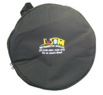 Black drum bag with IVSOM logo, on short handle. Drum bag is meant to hold a 12 inch Brazilian caixa samba drums.