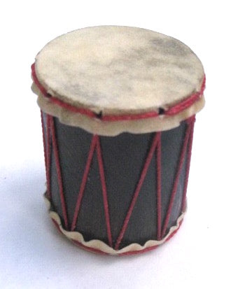 Teeny drum shaker from Brazil. Goat skin heads and red strings.