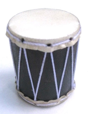 Small drum shaker made by hand by Marcos China. White strings and goat skin head with dark wood body.