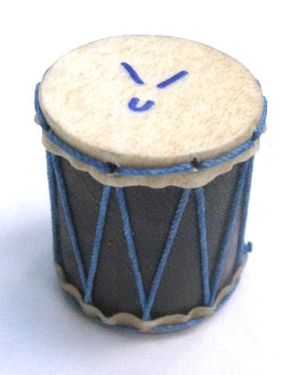 Marcos China logo on a tiny hand-made shaker. Goat skin heads with blue strings.