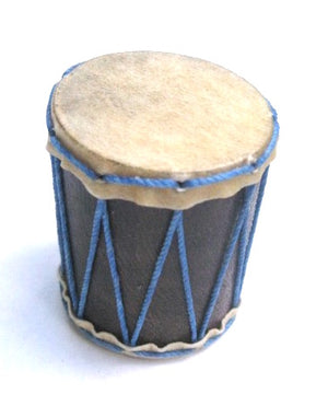 Tiny pagode hand made shaker. Goat skin heads and blue strings. White background.
