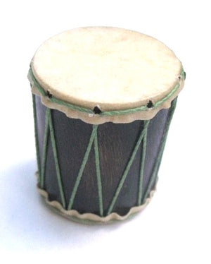 Tiny hand-made pagode shaker that looks like a drum. Goat skin head, green strings, and dark wooden shell.