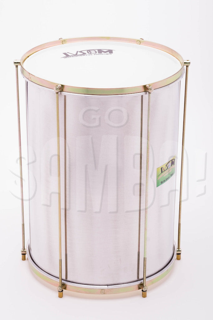 Repinique mor, charuto samba drum. Aluminum shell, white plastic heads with IVSOM logo. 