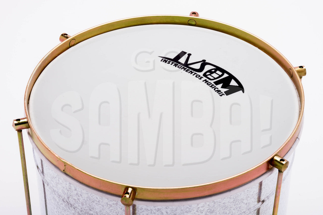 Repique with a steel shell. Close up of the white plastic drum head. 