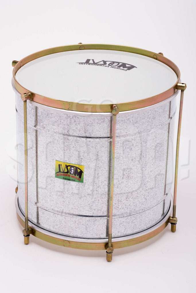 Galvanized steel repinique. 12" batucada drum with brass colored hardware. IVSOM sticker on drum shell.