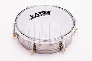 Steel tamborim by IVSOM. Steel shell and white plastic drum head on a white background.