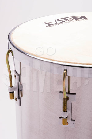 Close up view of IVSOM tan tan with aluminum rim and shell. Goat skin drum head.