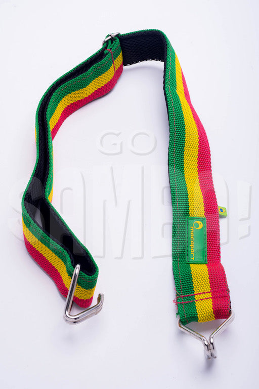 Samba strap by Macapart. Waist strap with two hooks, red green and gold. Rasta colors on a white background.