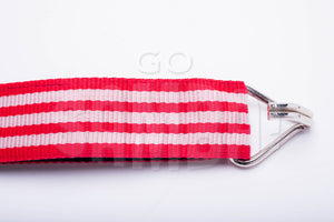 Red and white two hook waist samba strap. 