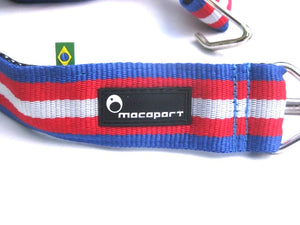 Red white and blue macapart waist strap with two hooks.