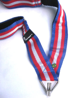 Red white and blue samba strap with a single hook for samba batucada.