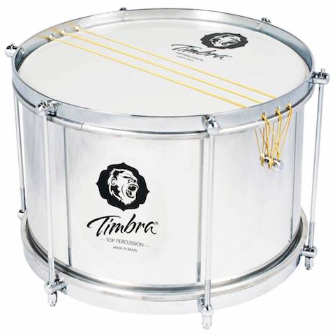 Silver colored aluminum caixa or malacacheta manufactured by Timbra, Brazilian samba drum maker. Six string caixa with six lugs. The hardware is silver.  