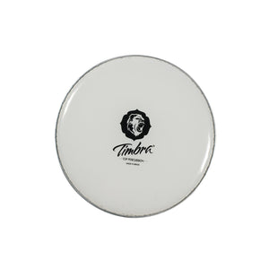 Timbra Top Percussion drum head on a white background. 20 inch diameter milky white drum head with an aluminum rim on a white background.