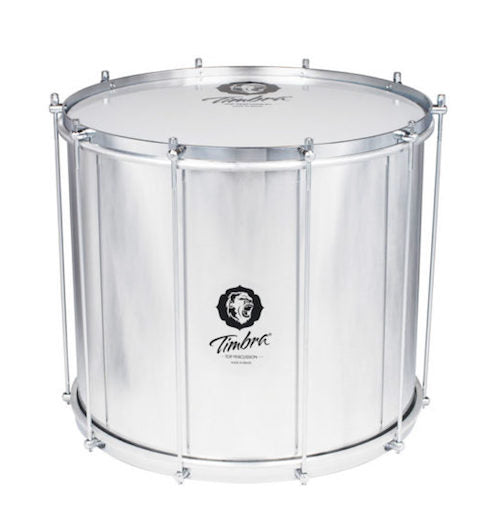 Timbra aluminum shell surdo. Chrome hardware and a milky drum head with a Timbra Logo. Axé style surdo 20 inch x 15.75 inch