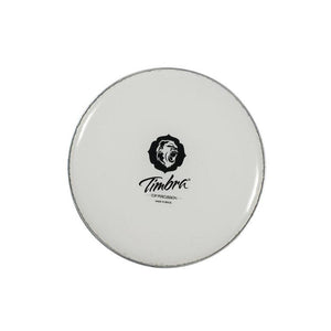 Timbra brand plastic drum head for surdos, repiniques, repique, timbal, or caixa. White drum head with Timbra logo